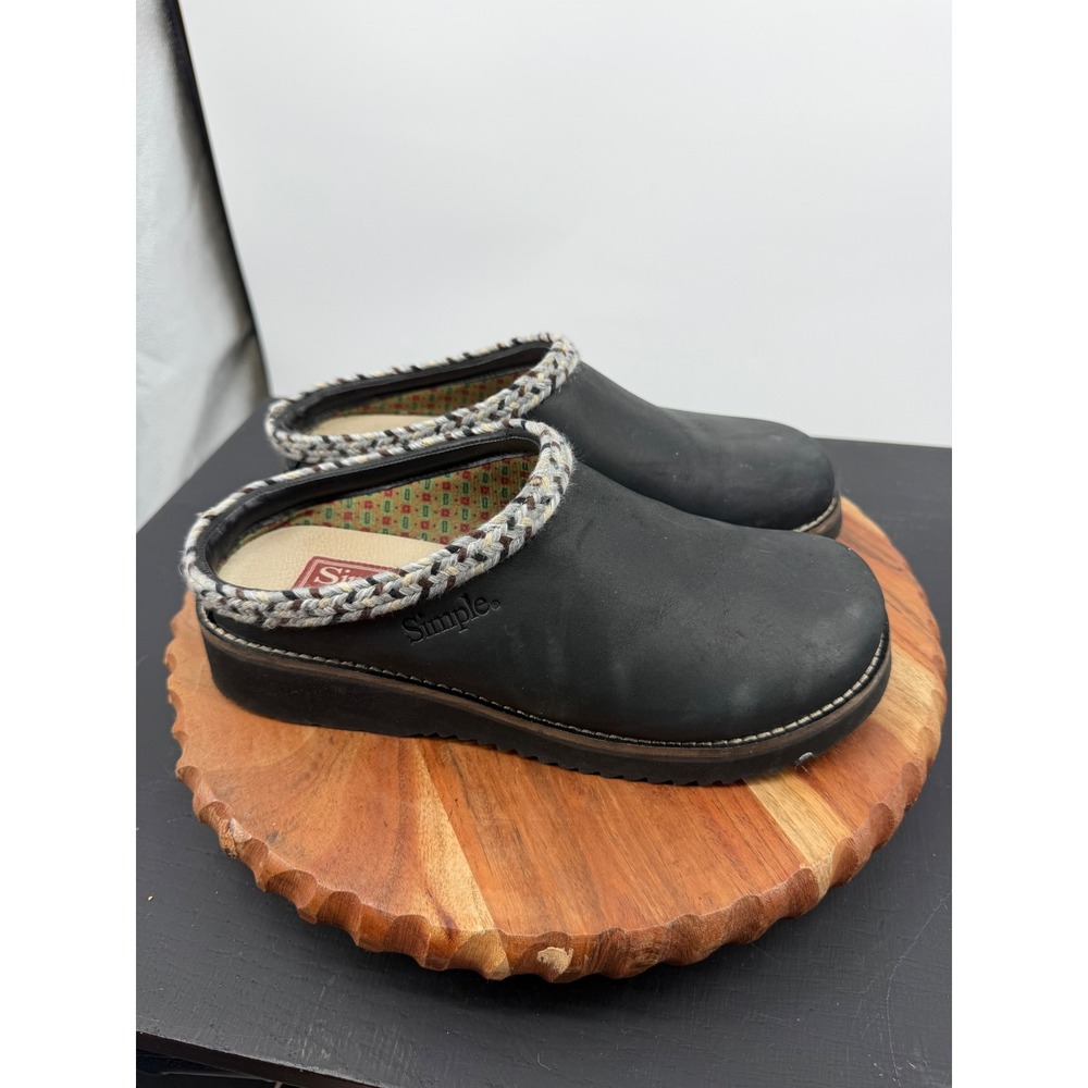 Simple Leather‎ Original Clog Shoes Womens 10 Black Braided Trim Slip On